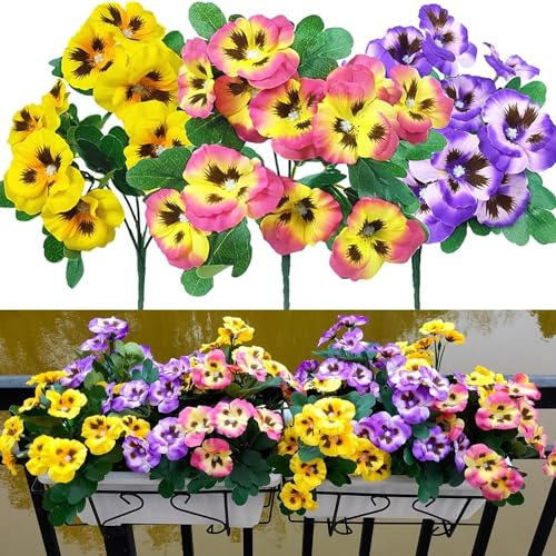 QIANYUN Kunstblumen Stiefmütterchen Künstliche Blumen,Stiefmütterchen Pflanzen Seidenblumen Wasserdicht UV-beständige Pflanzen Plastik Blumenstrauß Blumen (9, Gelb 3,Lila 3. Hier 3.)