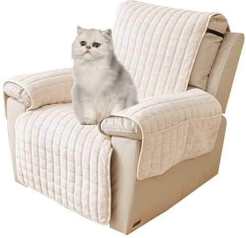 QSZTJJ Sesselschoner Sesselauflage Sesselbezug rutschfest,Armlehnenschoner Fernsehsessel Bezug Relaxsessel BezüG FüR Zuhause Mit Kindern (Beige mit Taschen,1 Sitz (53×190CM))