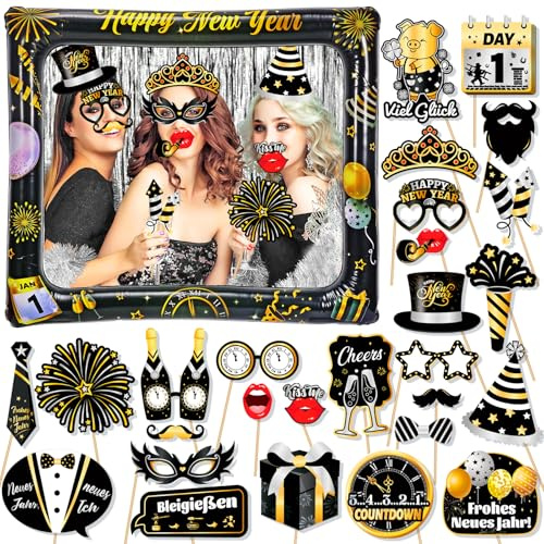 HOWAF Silvester Deko 2027, Deutsch Silvester Foto Requisiten XXL Happy New Year 2027 Neujahr Party Aufblasbarer Fotorahmen Bilderrahmen Schwarzes Gold Fotobox Accessoires SilvesterParty Zubehör