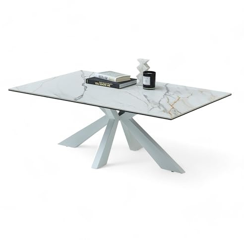 NOAH Couchtisch in Marmor Optik, Weiß - Moderner Sofatisch mit Keramikplatte und Metallgestell - 110 x 40 x 70 cm (B/H/T) | 11 mm dicke Keramikplatte, kratz-, flecken- und hitzebeständig, sternförmiges weißes Metallgestell, Sofatisch, Wohnzimmer