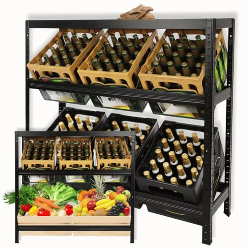 MODO24 Getränkekistenregal aus Metall, stabil und robust, Kistenregal für 6 Kisten, Getränkeregal, Kistenständer, Freistehend, Kistenhalter, Kellerregal, Lagerregal, Abmessungen 103x110x30 cm, Schwarz