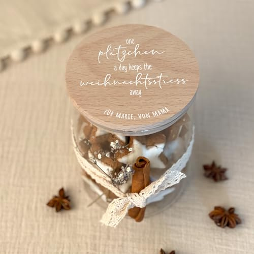 hellomini Personalisiertes Vorratsglas mit Holzdeckel, Keksdose mit Gravur, Geschenk zu Weihnachten, Keksglas mit Buchenholz Deckel, Zwei Größen (One Plätzchen, 1000ml)