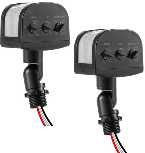 240-Degree Light Motion Sensor, Dusk to Dawn Replacement Motion Sensor, Adjustable Time & Detection Sensitivity 60Ft, 3 Modes Motion Detectors for Floodlight, UL Listed, Black, 2Pack