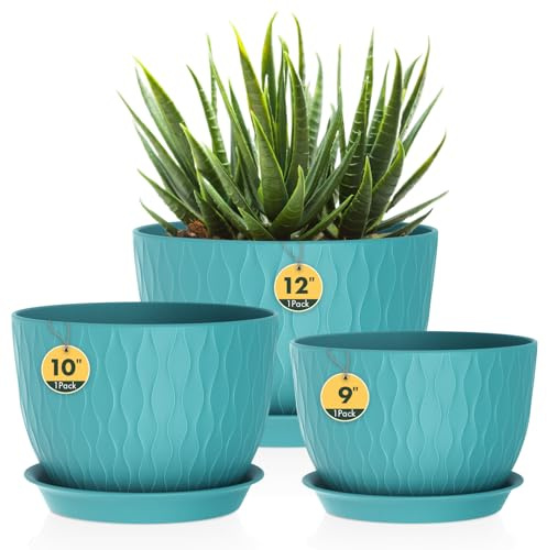 Homeuouz 3er Set Groß Breite Pflanzentopf mit Untersetzer – 30/25/22 cm Kunststoff-Blumentöpfe für Innen & Außen, mit Drainagelöchern, wasserwellige Struktur, Dunkelgrün