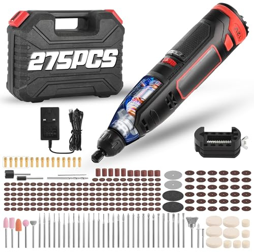 12V Cordless Rotary Tool Kit 275 PCS Multi Tool 7-Speed Adjustable (5000-25000 RPM) Rechargeable Engraving Pen Portable Storage Case for Metal Wood Jewelry DIY Crafts Engraver