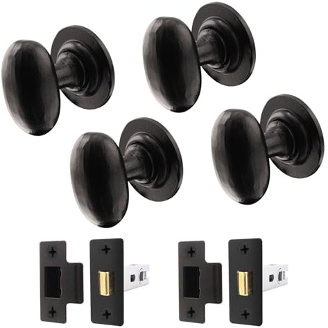 EAI Black Iron Door Knobs with Latch 76mm, 2 Pack - Iron Oval | Complete Latch Kit with 2 Pairs of Cast Iron Mortice Door Knobs for Internal Doors, 76mm Latches, Fixings Included
