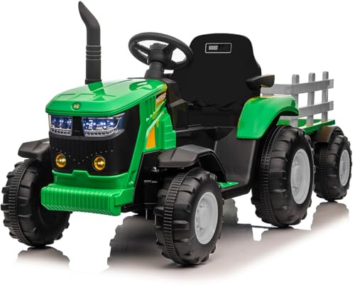 Elektrischer Traktor für Kinder, Batterie 12 V mit Fernbedienung, Traktor mit aufsitzbarem Anhänger mit Doppelmotor, 35 W, Bluetooth/USB, 3-Gang-Getriebe, Lichter mit 7 LEDs (Grün)