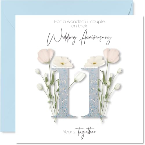 Tarjeta de 11.º aniversario de boda para pareja – Elegante diseño floral – Tarjeta cuadrada con sobre, mensaje interior – Calidad prémium 145mmx145mm