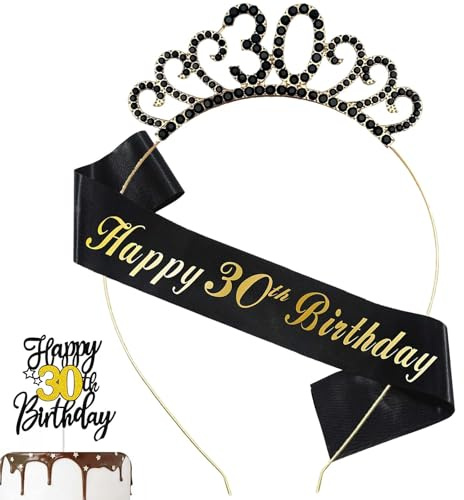 MIOSJI 30th Birthday Sash and Crystal Crown Tiara for Women 30th birthday Decorations Hat Headband - Gift Party Accessories (30th)