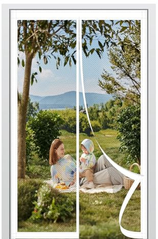 Fliegengitter Magnet Balkontür 140 x 213 cm Stärkere Magneten Fliegengitter für Fenster Kinderleichte Klebemontage für Holz/Aluminium Türen Und Balkon, Weiß
