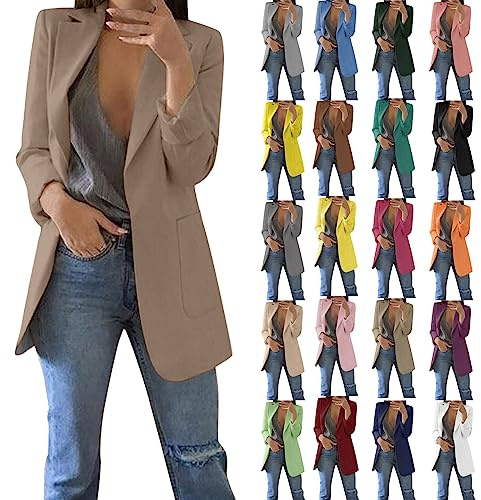 Blazer Damen Elegant Langarm Einfarbig - Longblazer Mit Tasche Revers Blazermantel Geschäft Büro Anzugjacke sportlich Sakko Jacke Freizeit Businessjacke Übergangsjacke Cardigan für Arbeit
