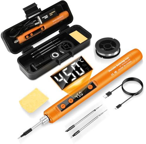 Daakro 2-in-1 Akku Lötkolben Set,180-450℃ mit einstellbarer Temperatur,mit LED-Anzeige USB-aufladbares lötkolben mit Lötdraht, Werkzeugkasten, Akku-Lötkolben-Set, 3 Lötkolbenspitzen usw(Gelb)