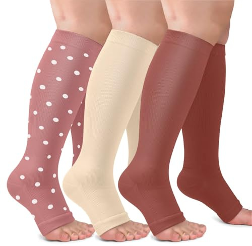 ACTINPUT 3 Paar Kompressionsstrümpfe Damen und Herren,15-20mmHg Kompressionssocken Offene Spitze Abgestufte Unterstützung Stützstrümpfe kniestrümpfe für Flug,Laufen, Sport, Reise(Rosa,L-XL)