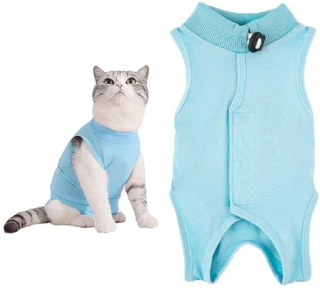Kattbody efter operation, anti-slickande för katter, body för katter, operation, kattkläder, hud-sjukdom, återhämtning, kropp, kattkläder, efter kastration, medicinsk husdjurströja, katt (blå, L)