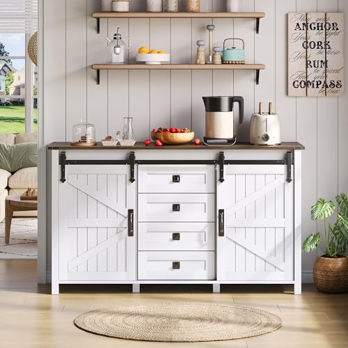 Merax Buffet avec portes coulissantes et 4 tiroirs - Buffet vintage pour cuisine, salle à manger et salon - Blanc - 137 x 40 x 81,5 cm