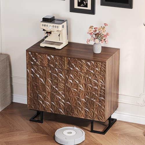 DUlVBPE Aparador 80 × 40 × 78 cm – Serie Hojas Poesía – Aspecto de nogal oscuro con relieve de hojas – Patas de metal, 2 cajones y 2 puertas – Aparador sin mango para salón y comedor