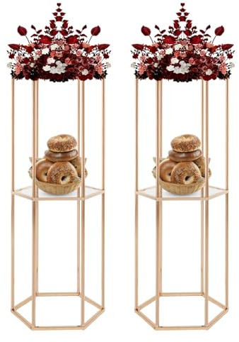 WFIETN - Metall-Blumenständer, 2er Set Blumenständer Metall Gold, Goldene Vasenständer mit klaren Acrylplatten, Sechseckige Strukturdesign 80cm Hoch Blumentreppen für Blumen, Grünpflanzen, Luftballons