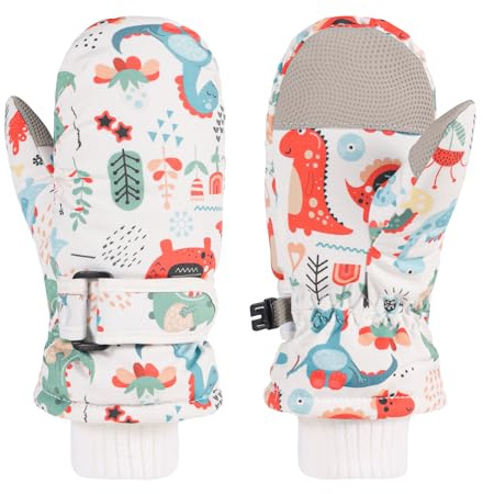 QKURT Guantes de Invierno niños, Guantes cálidos para la Temporada de frío con Estampado de Dinosaurios, Manoplas térmicas para Ciclismo, Resistentes al Viento, para niños y niñas de 2 a 6 años.