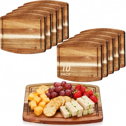 10 Pcs Acacia Wood Chopping Boards, 25cm Serving Boards with Groove | Wood Charcuterie Boards, Rounded Corners, 1.5cm Thick, Wooden Cutting Boards for Bread, Fruit, Meat, Vegetable and Laser