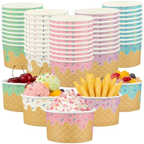 Augisteen 50 Pcs Paper Ice Cream Cups 5.5oz Treat Snack Bowls 5 Designs Disposable Paper Dessert Cup for Hot or Cold Food Containers Sundae Frozen Yogurt Soup Party Supplies