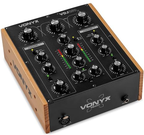 Vonyx VDJ250 – Mezclador DJ analógico 2 Canales con EQ entradas RCA Salida XLR Booth Rec para Tocadiscos y Reproductores diseño Retro Compacto Mixer DJ analogico DJ Booth Mixer vdj250