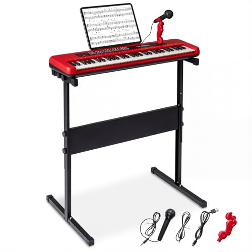 COSTWAY Clavier Piano Enfant 61 Touches avec Microphone et Pupitre, Piano Numérique avec Support Réglable et Amovible, 2 Haut-parleurs, Mode d'apprentissage, Instrument de Musique pour 3 Ans+ (Rouge)