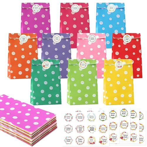 50 Geschenktüten Kindergeburtstag mit 60 Aufklebern (Auf Deutsch), 22x12x7cm Papiertüten Bunt, Kraftpapier Mitgebsel Tüten für Kinder Geburtstag, Party, Give Away, Hochzeit, Goodie Bag Klein