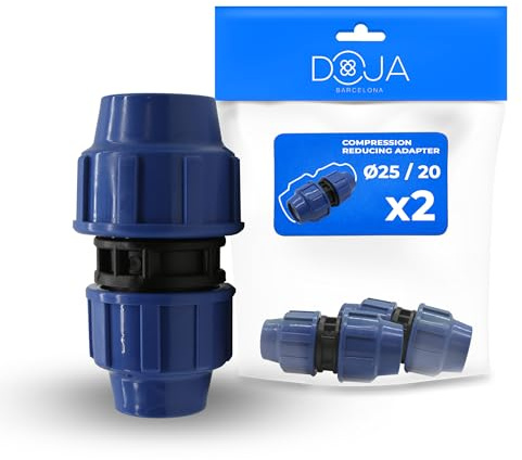DOJA Barcelona Riduttore Pressione Irrigazione - 25mm x 20mm - Pack 2 - Raccordo Compressione MDPE - Riduttore Tubo Acqua Installazione Rapida, Resistente, Connettore, Raccordi per Tubi Irrigazione PP
