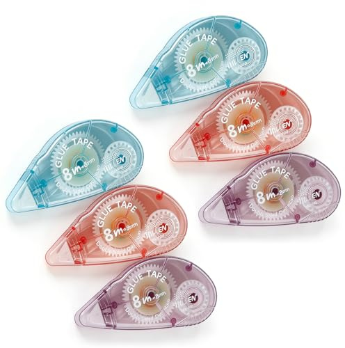 6 Pack Double Sided Tape Roller, Glue Tape Dispenser for Scrapbooking, 8m x 8mm Adhesive Roller for Paper, Photos, Cards, Journaling and DIY Craft Supplies