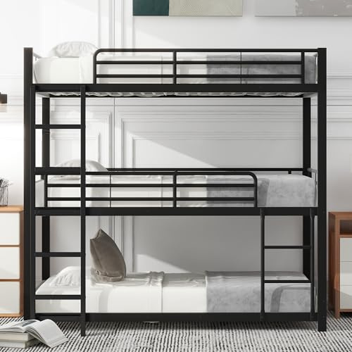 Våningssäng Tre Sängar 90 x 200 cm, svart, stål, robust vertikalt, funktionellt stöd, fast metalllameller, fast åtkomst, perimetersäkerhet, universitet unga, delad våning, stadshus