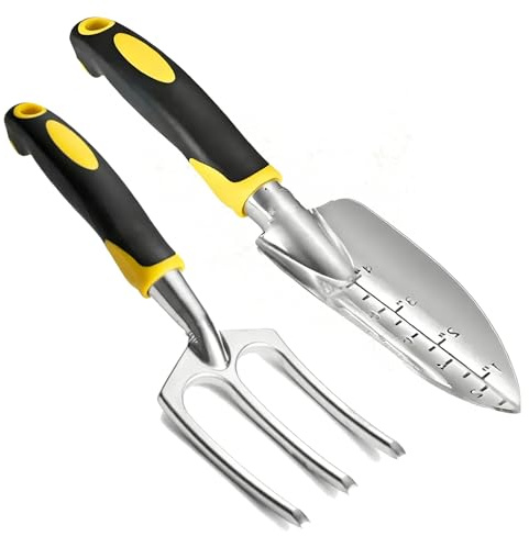 VEOIRXU 2 Stücks Klein Gartenwerkzeug Gartenschaufel mit Messtiefenmarkierung und Klein Harke Blumenkelle Schmaler Pflanzschaufel Handschaufel GartenHarke Werkzeug Set für Pflanzen Umpflanzen Jäten