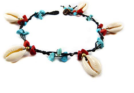 Fußkettchen Kauri Muscheln Türkis Koralle Fußband Thailand Makramee Surfer Boho Gypsy Tribal