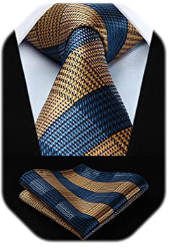 HISDERN Corbata para Hombre Marrón y Azul a Cuadros Corbatas de Hombres Modernas Formal Clásico Gravata Boda Negocios Corbata y Pañuelo de Bolsillo