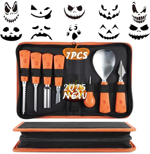 ENVEL Halloween Pumpkin Carving Kit, 7 Pcs Professional Stainless-Steel Pumpkin Tools Set Heavy-Duty Steel Cutting Easily for Art Crafts,Adults Kids