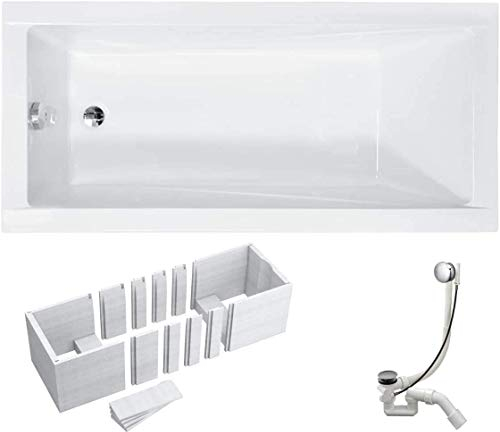 VBChome Badewanne 140x70 cm Acryl SET Wannenträger Siphon Wanne Rechteck Weiß Design Modern Styroporträger Ablaufgarnitur in Chrom Viega Simplex (140x70 cm)