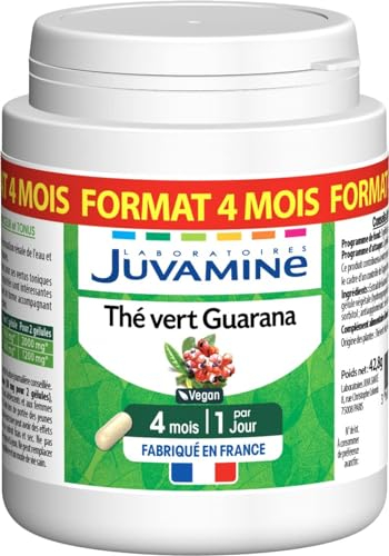 JUVAMINE - Tè verde Guaranà - Brucia grassi - Favorisce la depurazione dei reni - Aiuta a scomporre i grassi - Toniche e Stimolanti - Programma di 4 mesi - 120 capsule vegetali - Prodotto in Francia