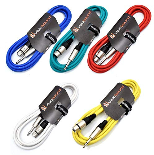 Female XLR to 6.35mm Stereo TRS Jack Lead Audio Cable 2 Pack (Multi, 3m) | 5 x Noiseless OFC Balanced Signal, Audio, Patch Cable / 7 Colours