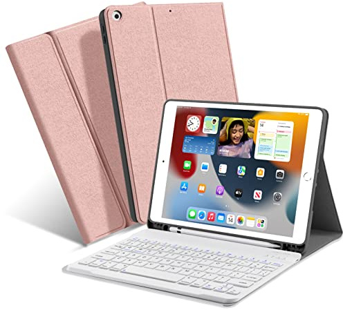XIWMIX Keyboard Case for iPad 10.2 (9th Gen 2021/ 8th Gen 2020/ 7th Gen 2019), Slim Smart Protective Case with Pencil Holder and Magnetic Wireless Detachable Bluetooth Keyboard, Rose Gold