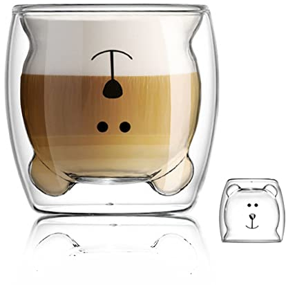 Binoster Taza de té de cristal de gato oso botella tazas, taza linda,vasos de doble pared taza de café expreso, taza de leche, cumpleaños de oficina y personal (oso feliz)