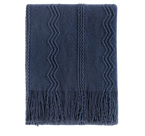 BOURINA Textured Solid Soft Sofa Throw Couch Cover Knitted Decorative Blanket, Navy, 152x203cm