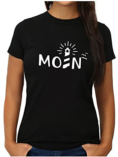 OM3® Moin mit Leuchtturm T-Shirt - Damen - Slogan Spruch Küste Lighthouse Statement - M, Schwarz