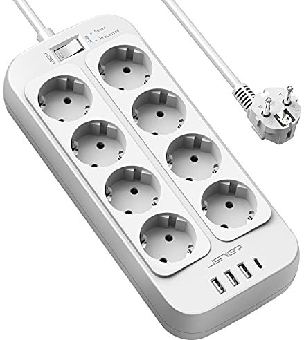 JSVER Multiprise Electrique,Bloc Multiprise 8 Prises(3680W 16A) avec 4 Ports USB Chargeur (3 USB A+1 USB C) Prise Multi Parasurtenseur Parafoudre et Surtension avec Interrupteur Cable 2m-Blanc