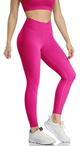icyzone Damen Sport Leggings Hohe Taille Yoga Sport Hose, 7/8 Fitness Gym Leggins (M, Pitaya)