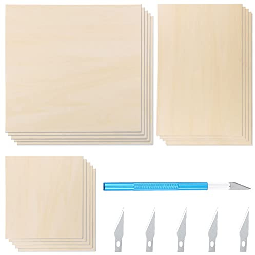 Glarks Lindenholzplatten mit Bastelmesser-Set, 21 Stück, 20 x 20 cm, 3 mm dünne, natürliche, unlackierte Sperrholzplatte, Bastelholz für Modellbau, Holzverbrennung und Laserprojekte