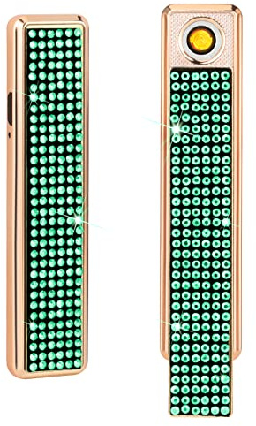 Accendino elettronico con strass, antivento, senza fiamma, ricaricabile tramite USB, per casa, cucina, champagne, verde chiaro