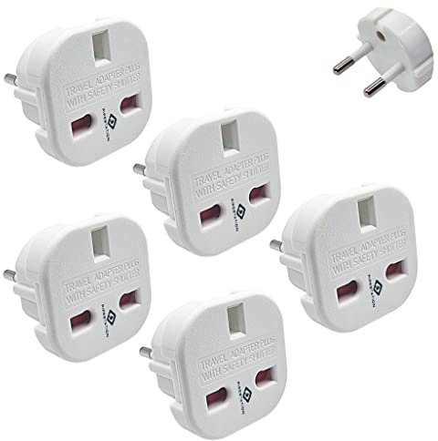 Pipestation UK to European Plug Adapter (5 Pack) | Travel Plugs UK to EU | Universal Adapter Plug to Europe Type C, E, F - EU Travel Adaptor | Small, Light and Compact Adaptor for Spain and Europe
