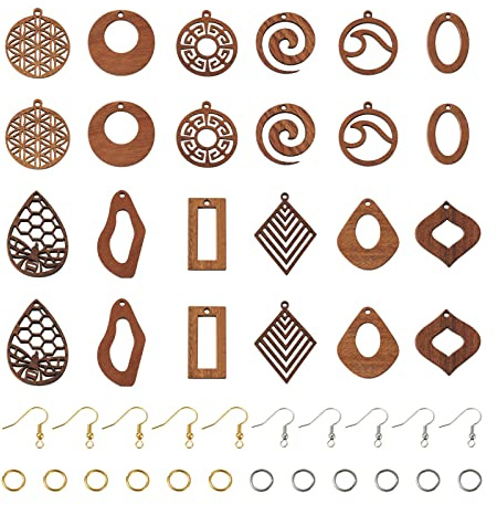 Pandahall 144-teiliges Set zum Selbermachen, geometrische Tropfenohrringe, inklusive Rautenform, natürliches Walnussholz, Anhänger, Charms, Messing-Ohrringhaken, Sprungring