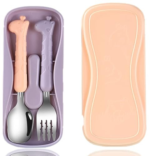 2PCS Posate Bambini, WitBicg Posate Svezzamento Forchetta Bambini, Acciaio Cucchiaino Svezzamento Pappa Neonato Svezzamento, Lavabile In Lavastoviglie Silicone E Acciaio Inossidabile - Giraffa (B)