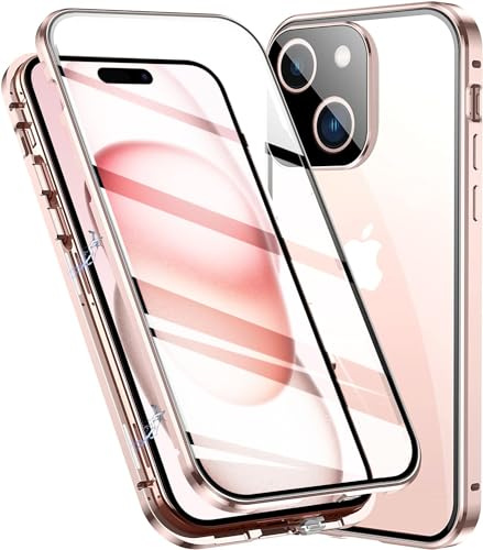 LIUKM Coque pour iPhone 15 étui Magnétique Adsorption, Verre Transparente Trempé Double Face, Cadre Métal Adsorption et Protection Complète du Corps Case - Rose
