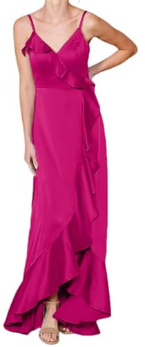 WSEYU Tirantes de espagueti Satén Vestidos de dama de honor Alto Bajo Volantes Cuello en V Vestido de noche formal Vestido de invitados de boda, fucsia, 48